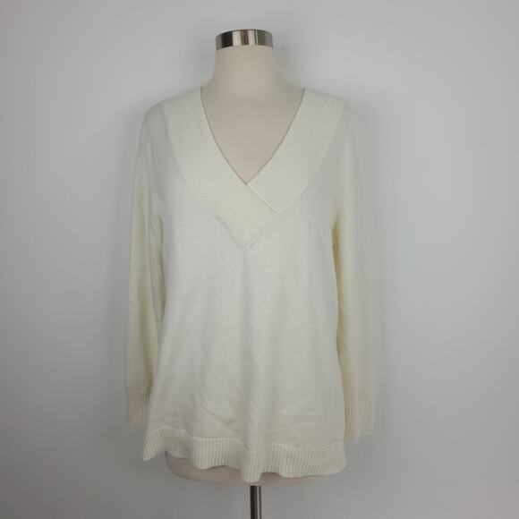 Anthropologie Sweaters - By Anthropologie Ivory V-Neck Long Sleeve Knit Sweater Soft Size Small Neutral